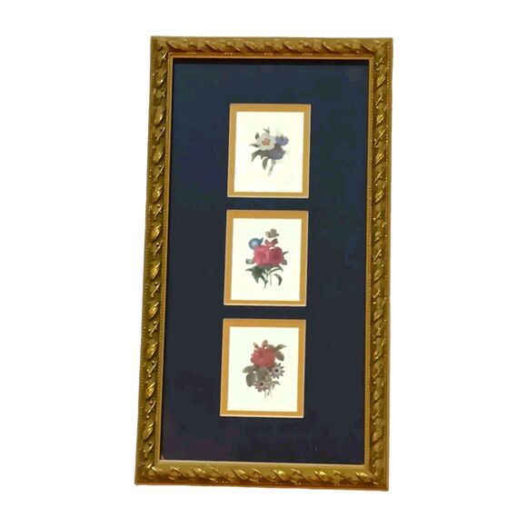 Vintage Flower Trio Prints Matted And Framed Dark Blue Background Gold Frame 15" - Picture 1 of 9